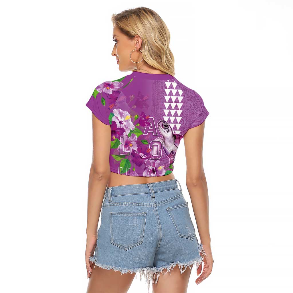 Hawaii Aloha Turtle Hibiscus and Leaves Raglan Cropped T Shirt with Polynesian and Kakau Tattoos Lilac Color LT03 - Polynesian Pride