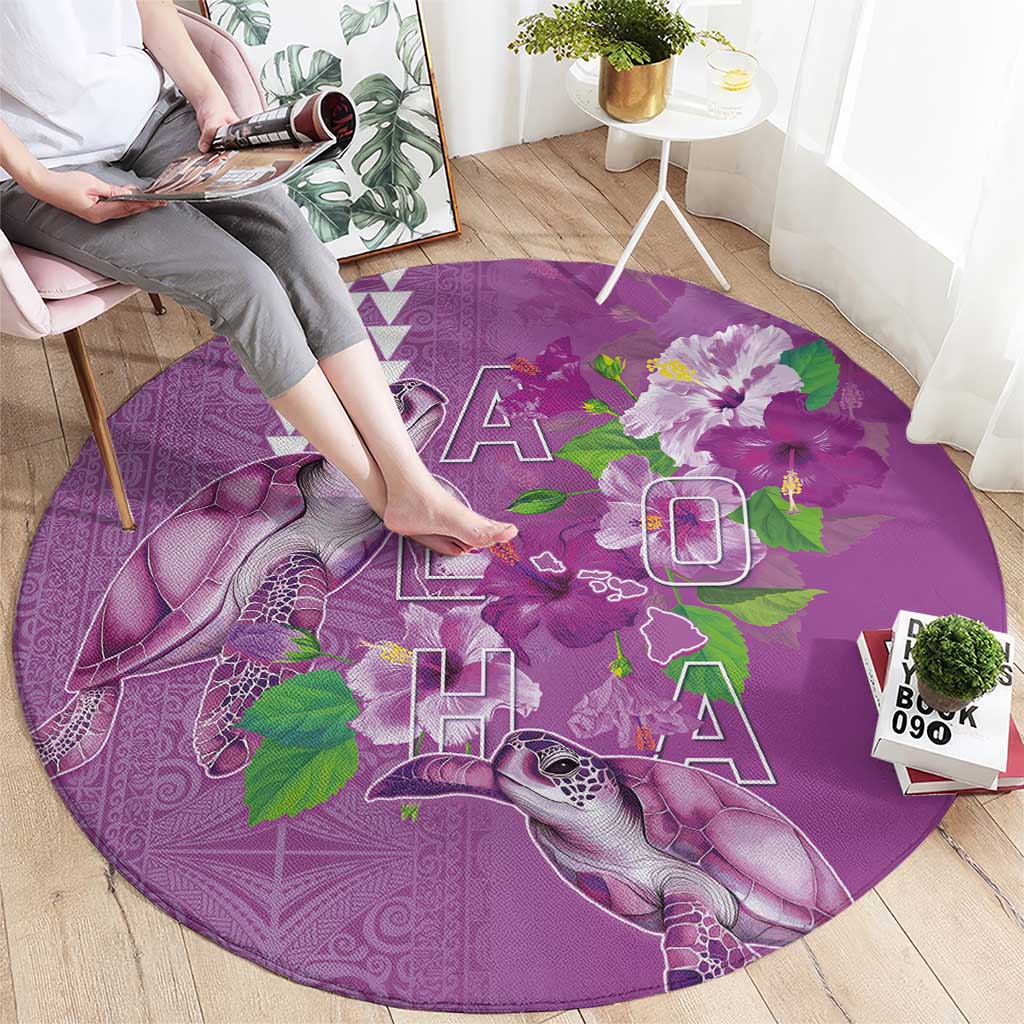 Hawaii Aloha Turtle Hibiscus and Leaves Round Carpet with Polynesian and Kakau Tattoos Lilac Color LT03 - Polynesian Pride