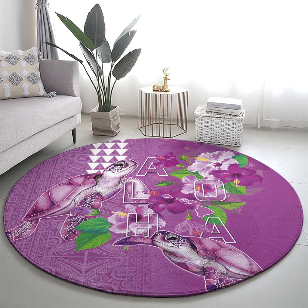 Hawaii Aloha Turtle Hibiscus and Leaves Round Carpet with Polynesian and Kakau Tattoos Lilac Color LT03 - Polynesian Pride