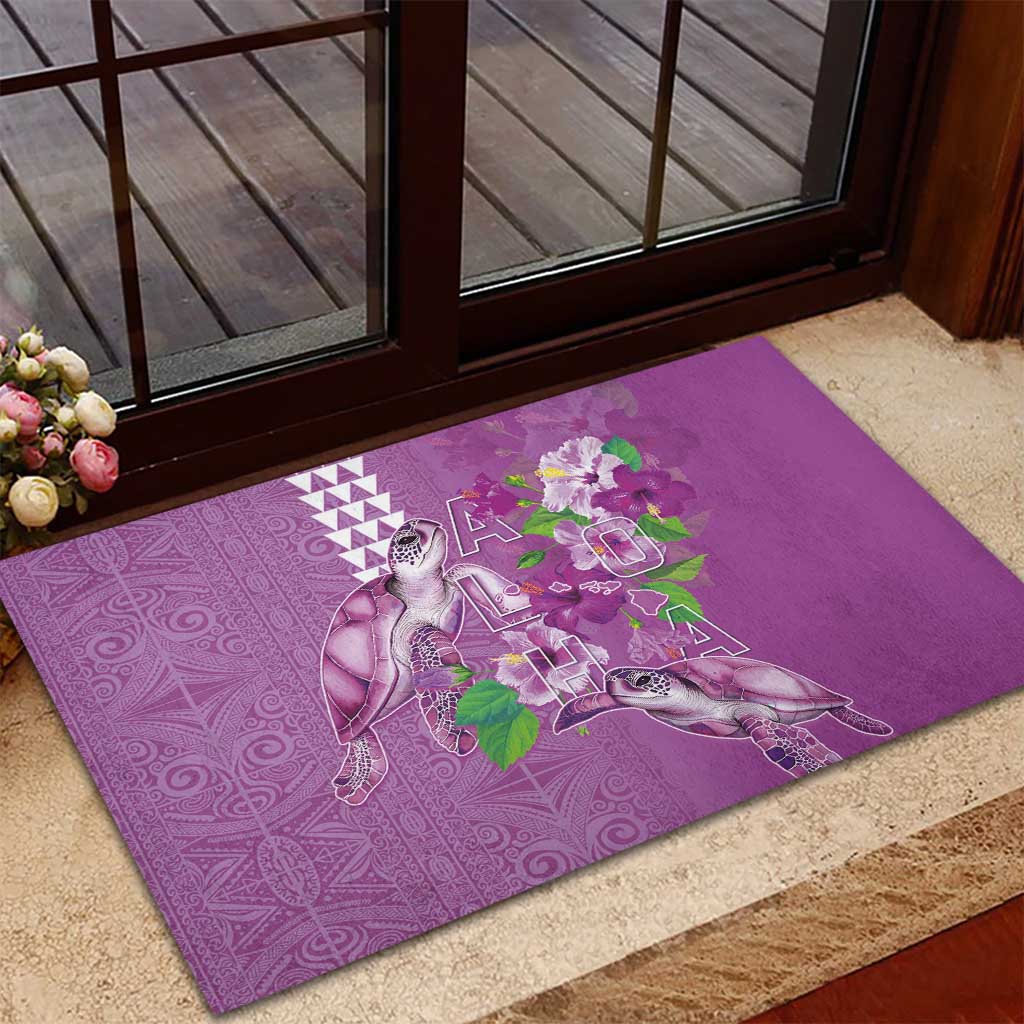 Hawaii Aloha Turtle Hibiscus and Leaves Rubber Doormat with Polynesian and Kakau Tattoos Lilac Color LT03 - Polynesian Pride