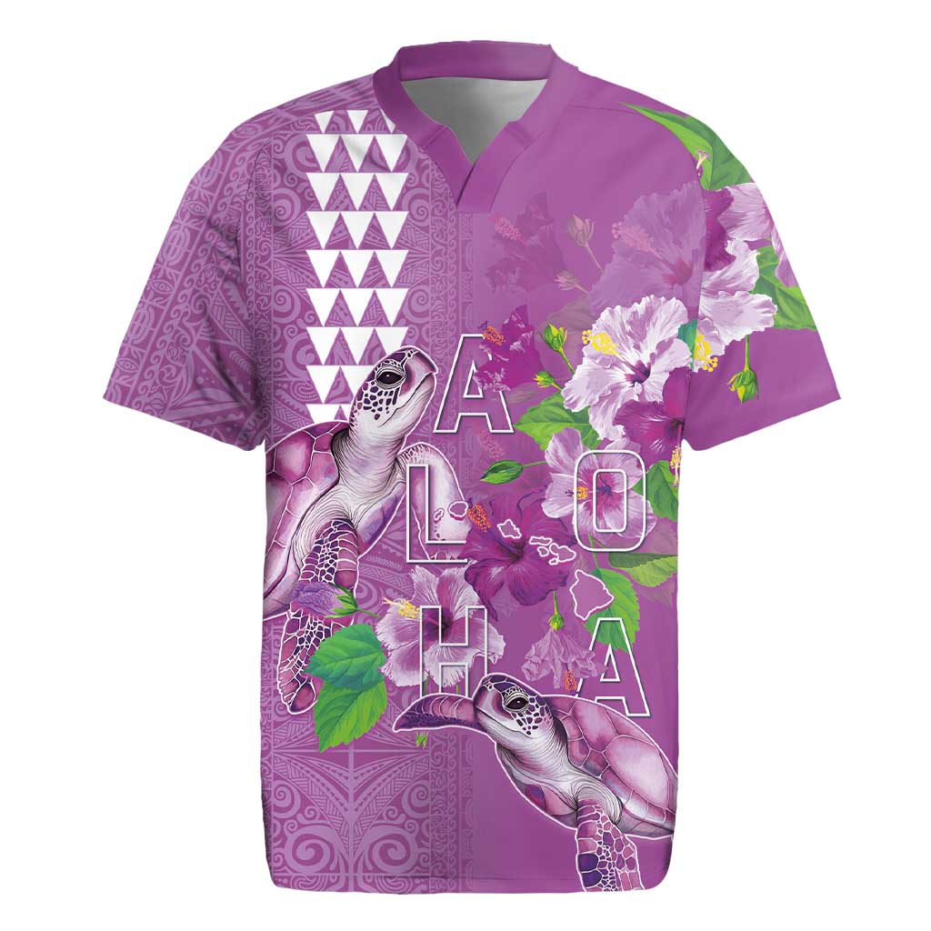 Hawaii Aloha Turtle Hibiscus and Leaves Rugby Jersey with Polynesian and Kakau Tattoos Lilac Color LT03 Purple - Polynesian Pride