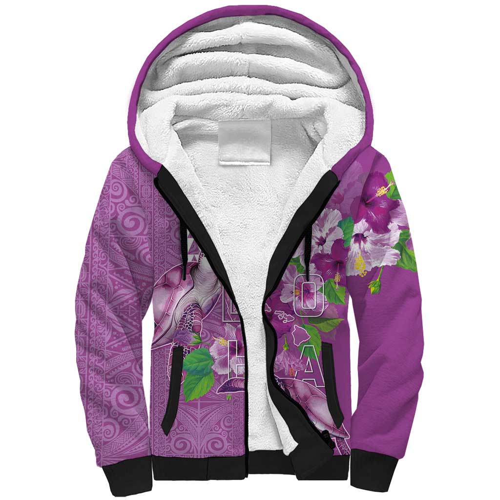 Hawaii Aloha Turtle Hibiscus and Leaves Sherpa Hoodie with Polynesian and Kakau Tattoos Lilac Color LT03 Unisex Purple - Polynesian Pride