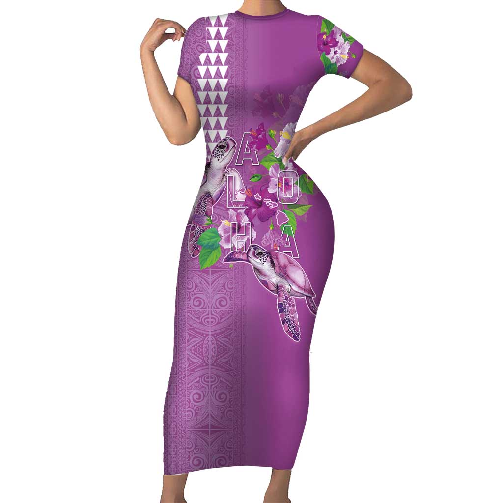 Hawaii Aloha Turtle Hibiscus and Leaves Short Sleeve Bodycon Dress with Polynesian and Kakau Tattoos Lilac Color LT03 Long Dress Purple - Polynesian Pride
