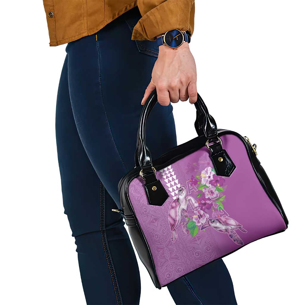 Hawaii Aloha Turtle Hibiscus and Leaves Shoulder Handbag with Polynesian and Kakau Tattoos Lilac Color LT03 - Polynesian Pride