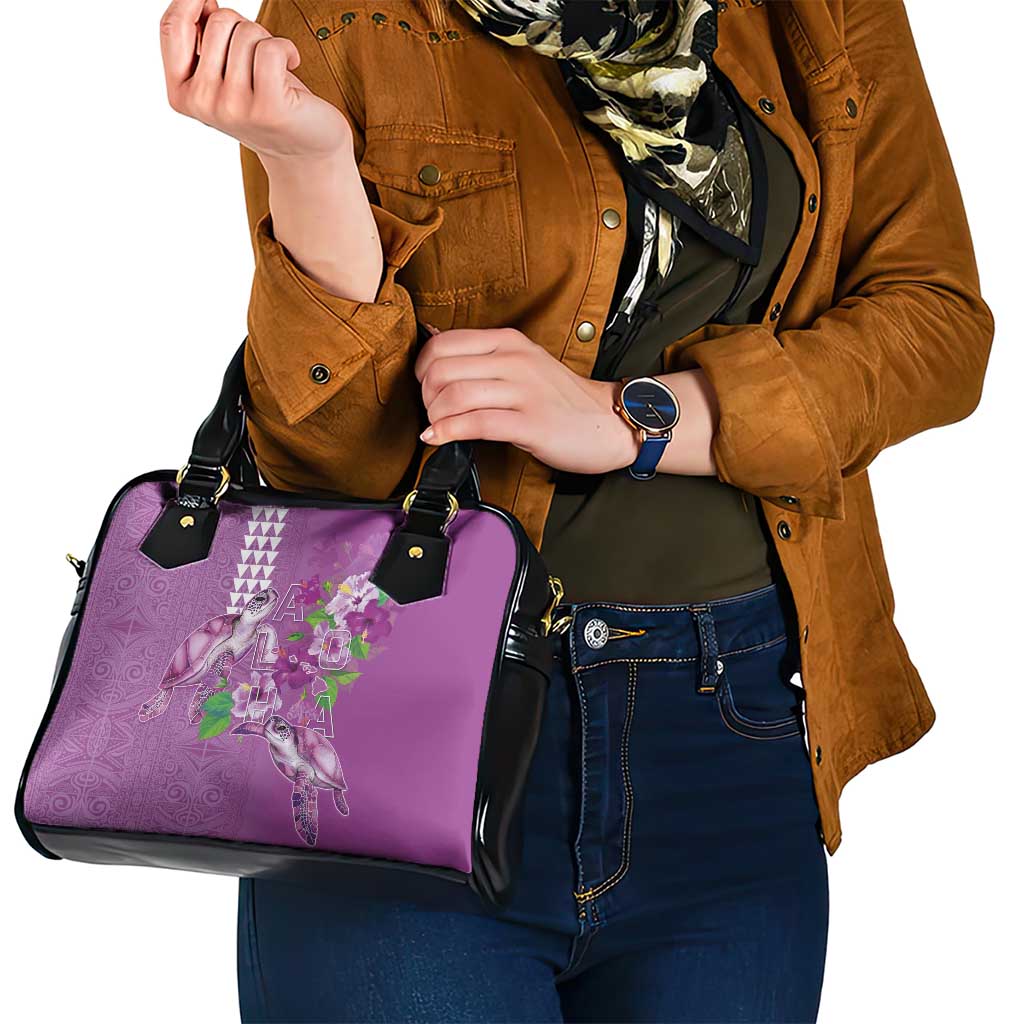 Hawaii Aloha Turtle Hibiscus and Leaves Shoulder Handbag with Polynesian and Kakau Tattoos Lilac Color LT03 - Polynesian Pride