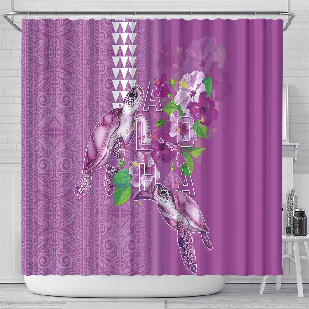 Hawaii Aloha Turtle Hibiscus and Leaves Shower Curtain with Polynesian and Kakau Tattoos Lilac Color LT03 - Polynesian Pride