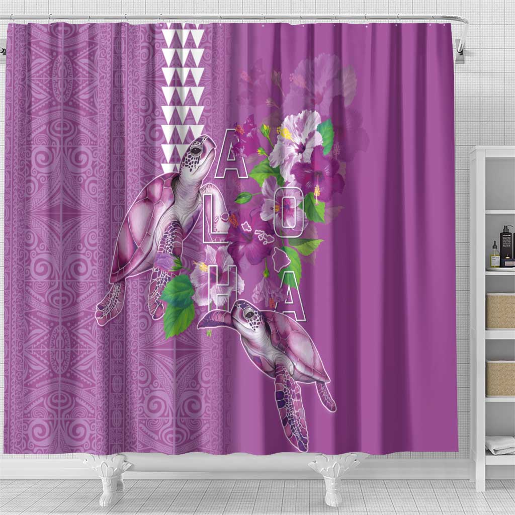 Hawaii Aloha Turtle Hibiscus and Leaves Shower Curtain with Polynesian and Kakau Tattoos Lilac Color LT03 - Polynesian Pride