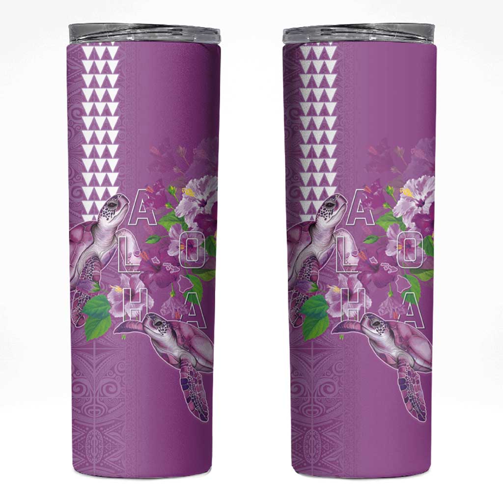 Hawaii Aloha Turtle Hibiscus and Leaves Skinny Tumbler with Polynesian and Kakau Tattoos Lilac Color LT03 Purple - Polynesian Pride