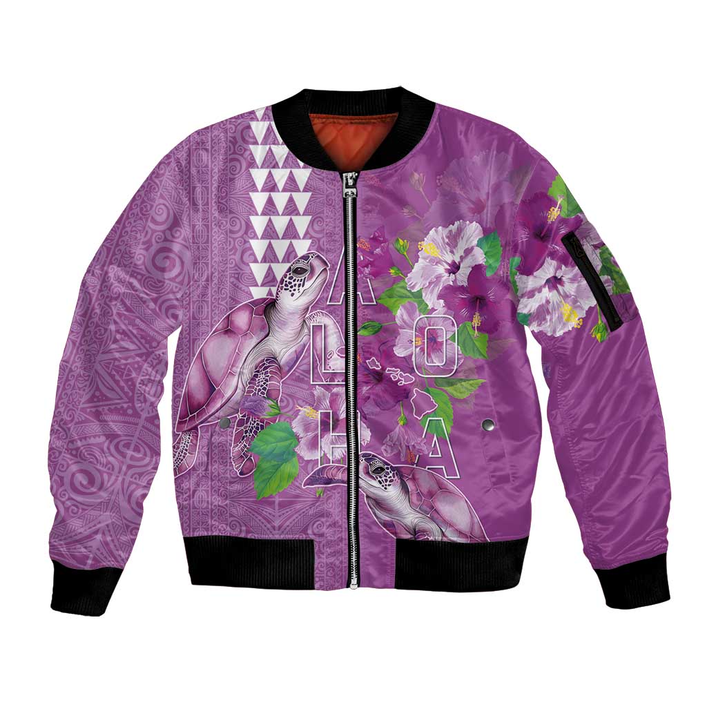 Hawaii Aloha Turtle Hibiscus and Leaves Sleeve Zip Bomber Jacket with Polynesian and Kakau Tattoos Lilac Color LT03 Unisex Purple - Polynesian Pride