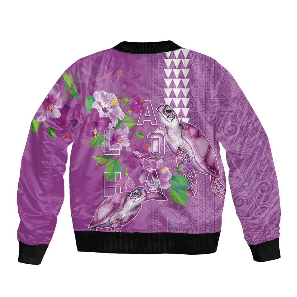 Hawaii Aloha Turtle Hibiscus and Leaves Sleeve Zip Bomber Jacket with Polynesian and Kakau Tattoos Lilac Color LT03 - Polynesian Pride