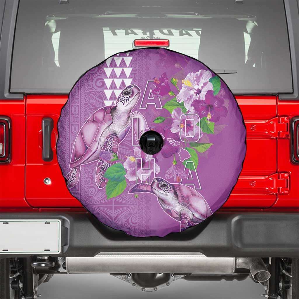 Hawaii Aloha Turtle Hibiscus and Leaves Spare Tire Cover with Polynesian and Kakau Tattoos Lilac Color LT03 - Polynesian Pride