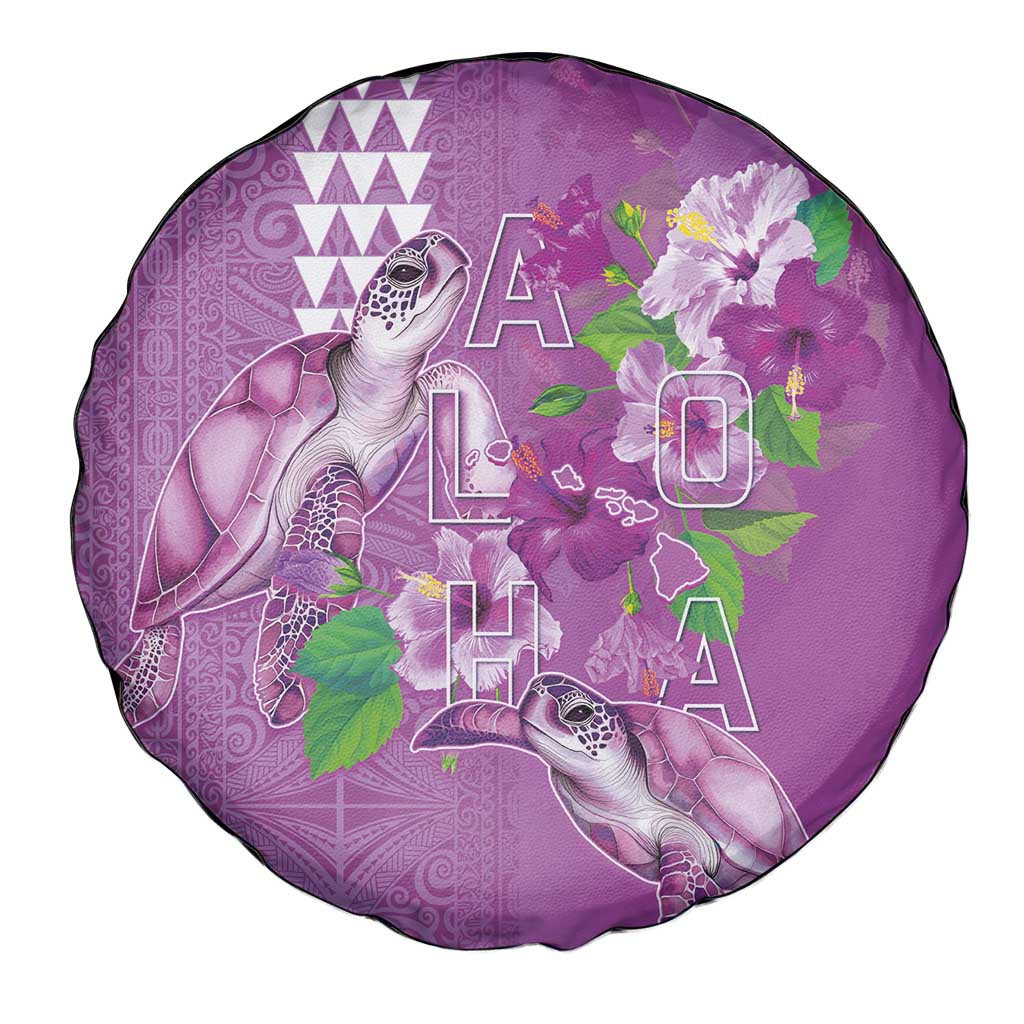 Hawaii Aloha Turtle Hibiscus and Leaves Spare Tire Cover with Polynesian and Kakau Tattoos Lilac Color LT03 - Polynesian Pride
