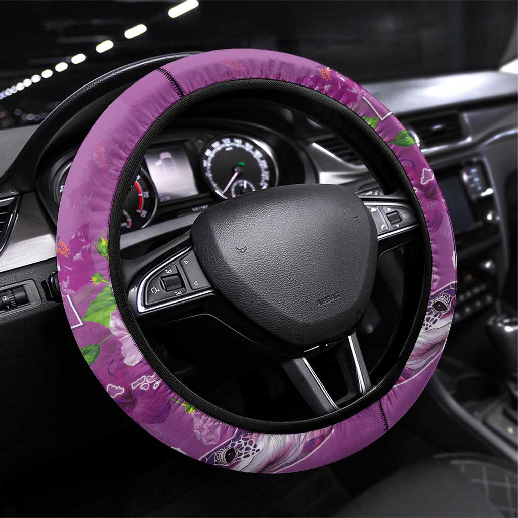 Hawaii Aloha Turtle Hibiscus and Leaves Steering Wheel Cover with Polynesian and Kakau Tattoos Lilac Color LT03 Universal Fit Purple - Polynesian Pride