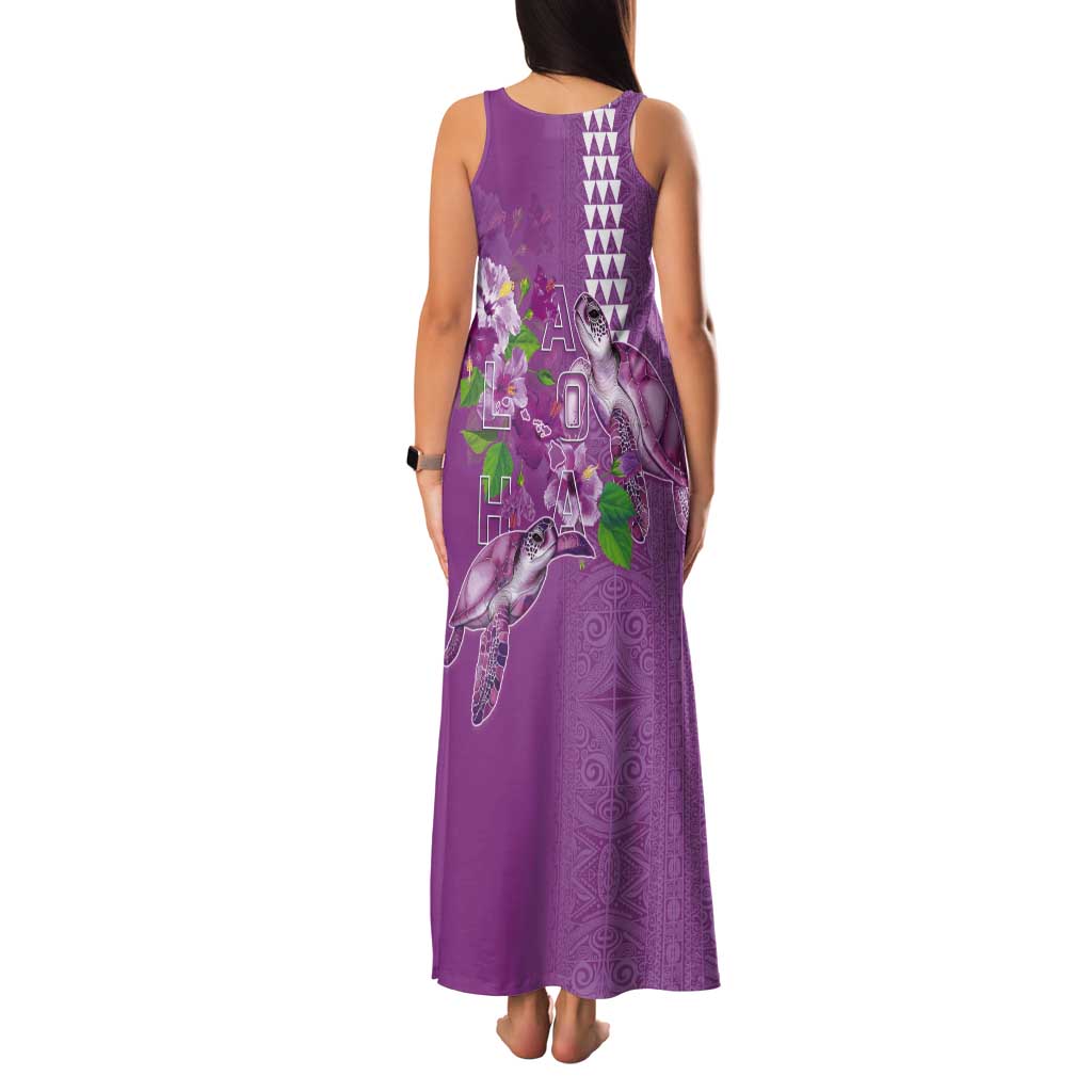 Hawaii Aloha Turtle Hibiscus and Leaves Tank Maxi Dress with Polynesian and Kakau Tattoos Lilac Color LT03 - Polynesian Pride