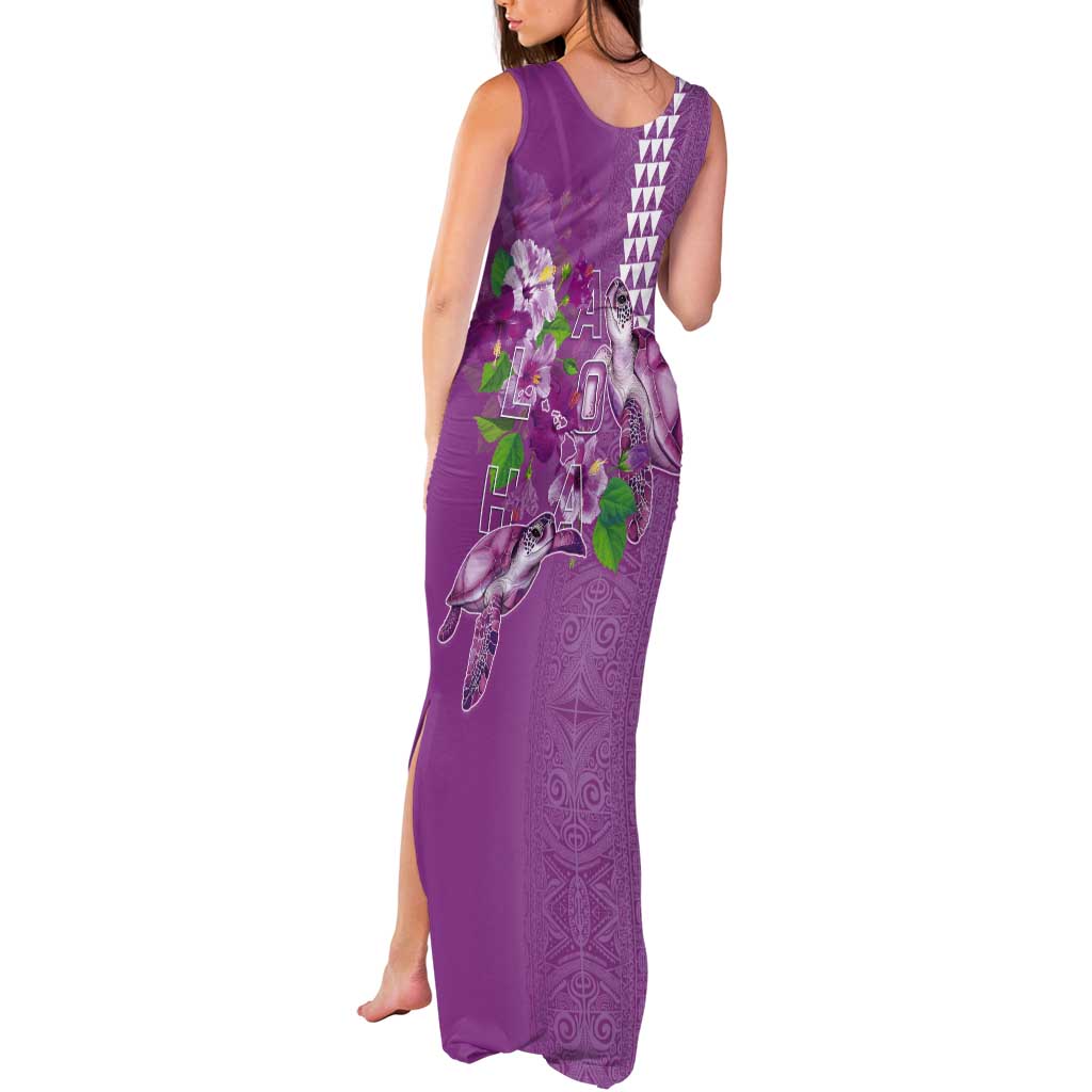 Hawaii Aloha Turtle Hibiscus and Leaves Tank Maxi Dress with Polynesian and Kakau Tattoos Lilac Color LT03 - Polynesian Pride