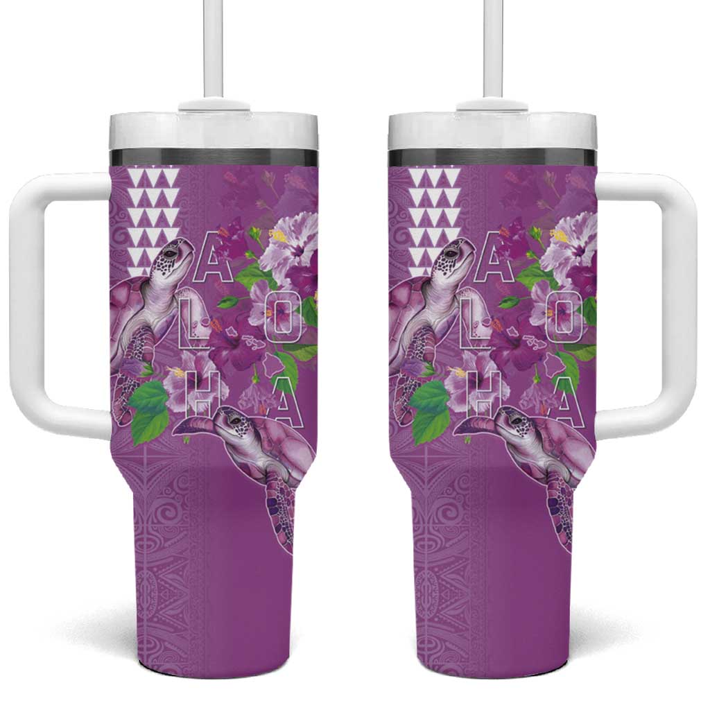 Hawaii Aloha Turtle Hibiscus and Leaves Tumbler With Handle with Polynesian and Kakau Tattoos Lilac Color LT03 One Size: 40 oz Purple - Polynesian Pride