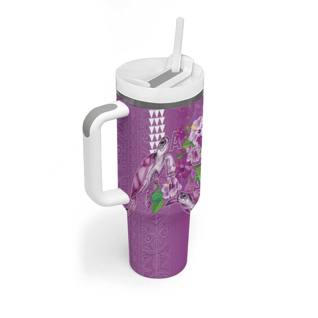 Hawaii Aloha Turtle Hibiscus and Leaves Tumbler With Handle with Polynesian and Kakau Tattoos Lilac Color LT03 - Polynesian Pride