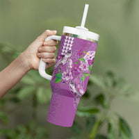 Hawaii Aloha Turtle Hibiscus and Leaves Tumbler With Handle with Polynesian and Kakau Tattoos Lilac Color LT03 - Polynesian Pride