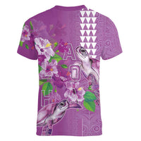 Hawaii Aloha Turtle Hibiscus and Leaves Women V-Neck T-Shirt with Polynesian and Kakau Tattoos Lilac Color LT03 - Polynesian Pride