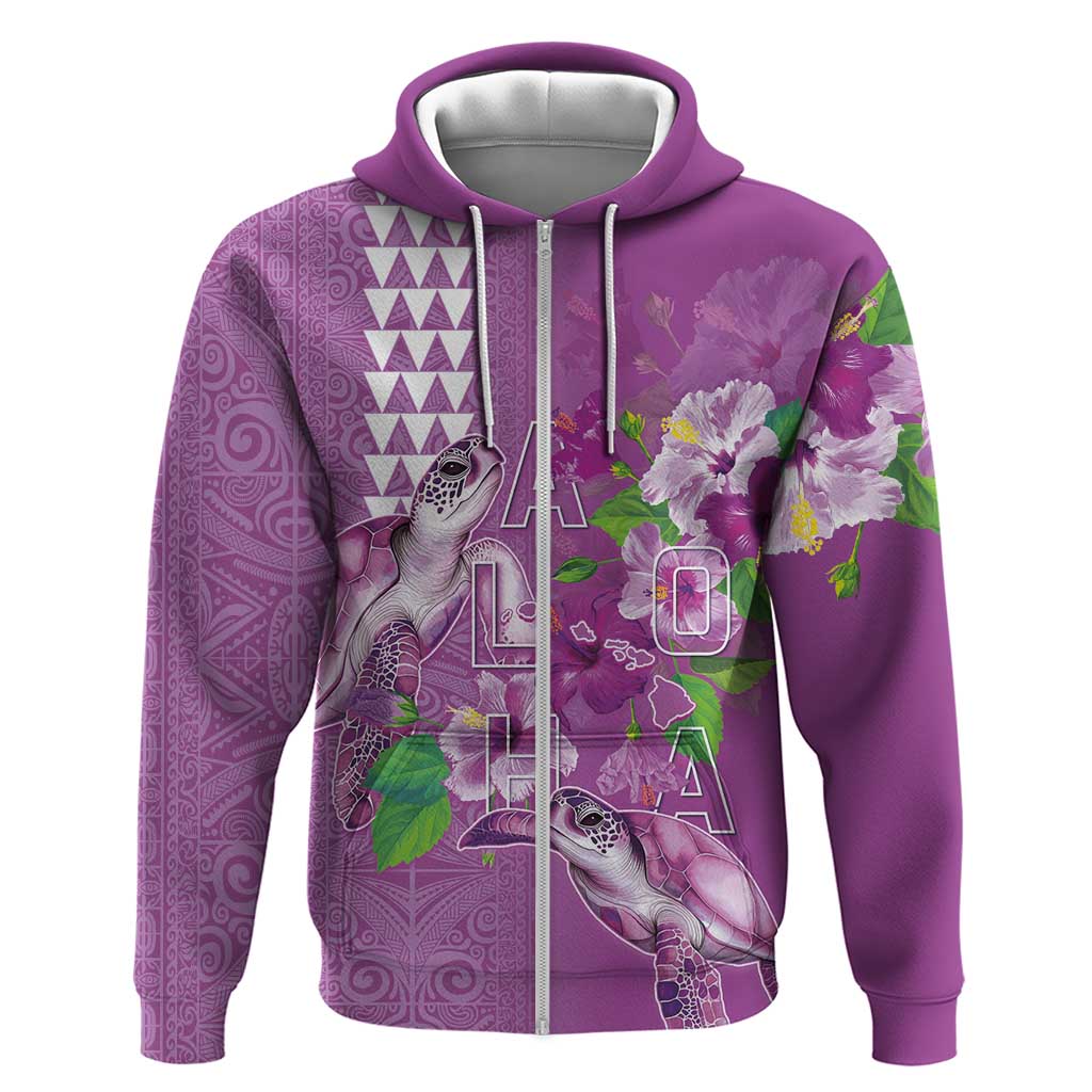 Hawaii Aloha Turtle Hibiscus and Leaves Zip Hoodie with Polynesian and Kakau Tattoos Lilac Color LT03 Zip Hoodie Purple - Polynesian Pride