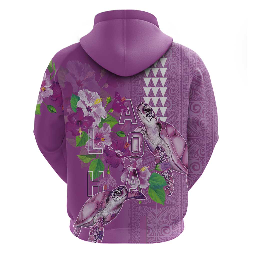 Hawaii Aloha Turtle Hibiscus and Leaves Zip Hoodie with Polynesian and Kakau Tattoos Lilac Color LT03 - Polynesian Pride