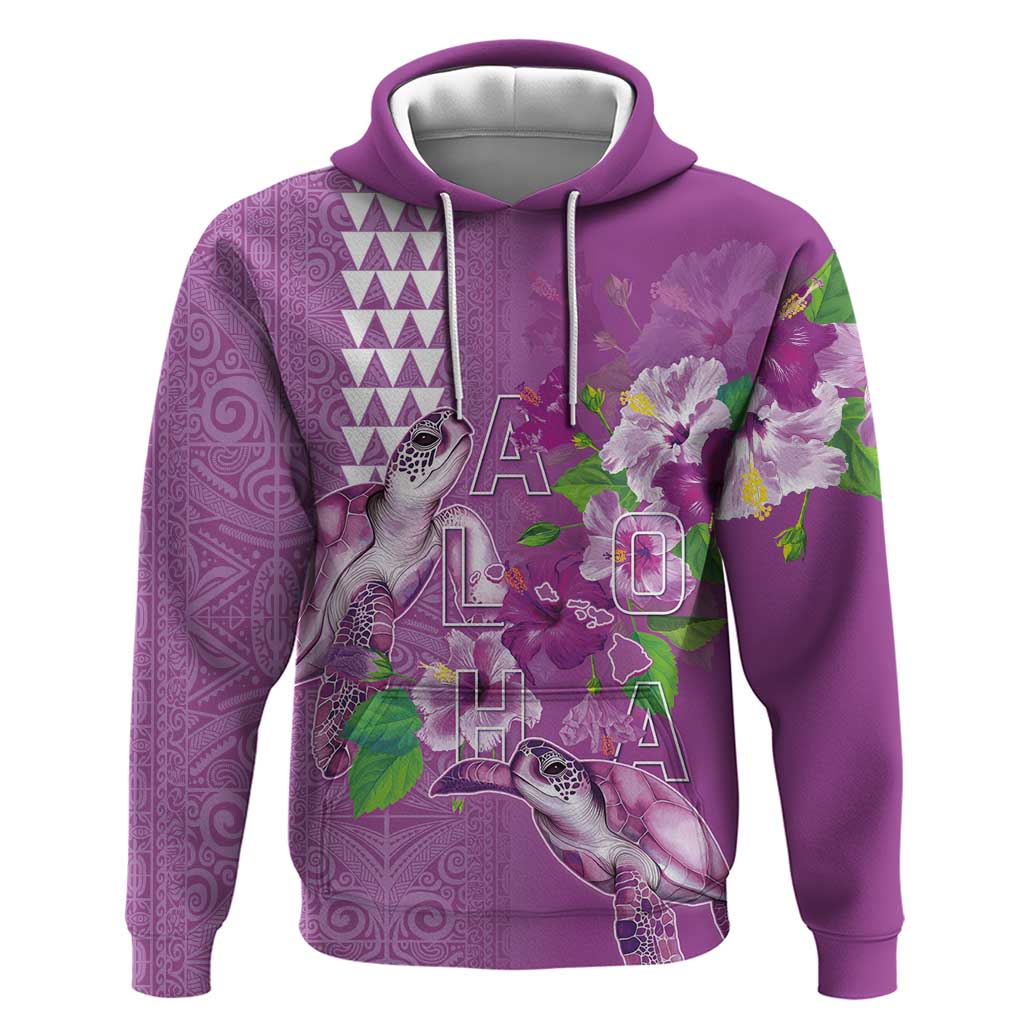 Hawaii Aloha Turtle Hibiscus and Leaves Zip Hoodie with Polynesian and Kakau Tattoos Lilac Color LT03 Pullover Hoodie Purple - Polynesian Pride
