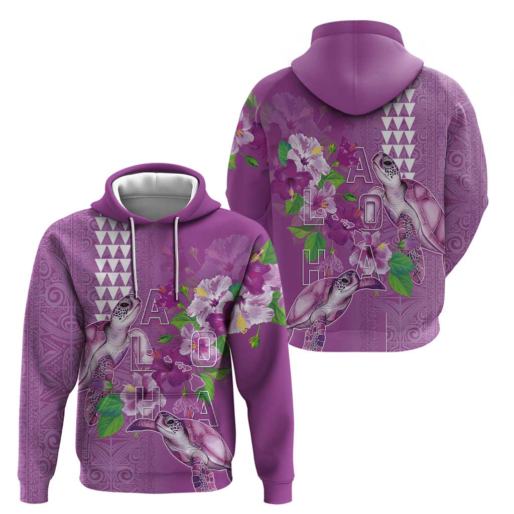 Hawaii Aloha Turtle Hibiscus and Leaves Zip Hoodie with Polynesian and Kakau Tattoos Lilac Color LT03 - Polynesian Pride