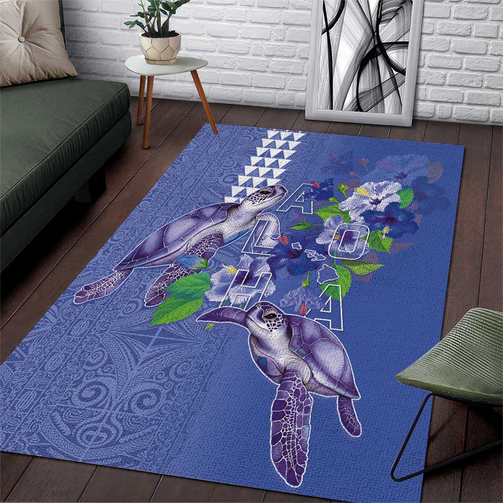 Hawaii Aloha Turtle Hibiscus and Leaves Area Rug with Polynesian and Kakau Tattoos Denim Color LT03 Blue - Polynesian Pride
