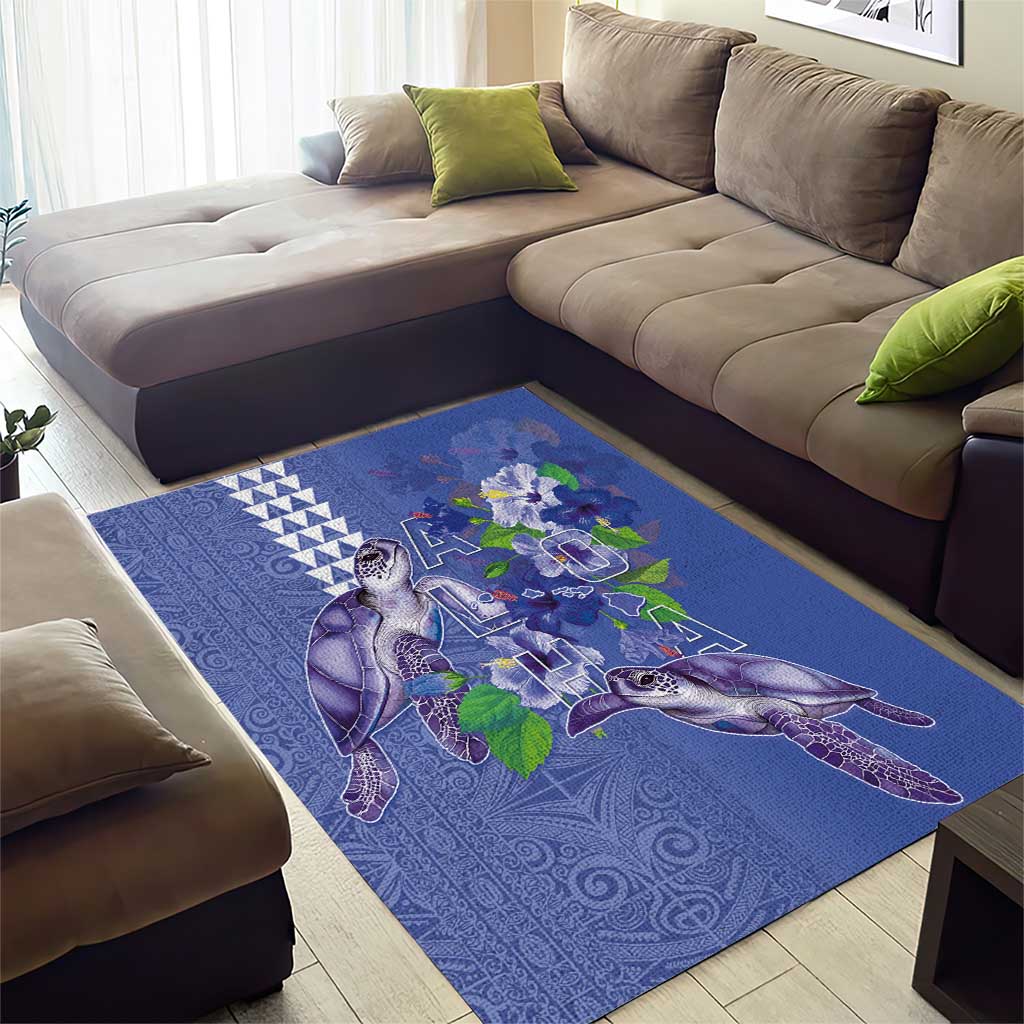 Hawaii Aloha Turtle Hibiscus and Leaves Area Rug with Polynesian and Kakau Tattoos Denim Color LT03 - Polynesian Pride