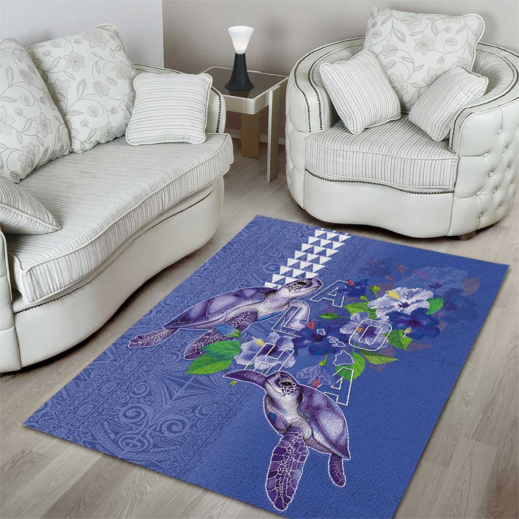 Hawaii Aloha Turtle Hibiscus and Leaves Area Rug with Polynesian and Kakau Tattoos Denim Color LT03 - Polynesian Pride