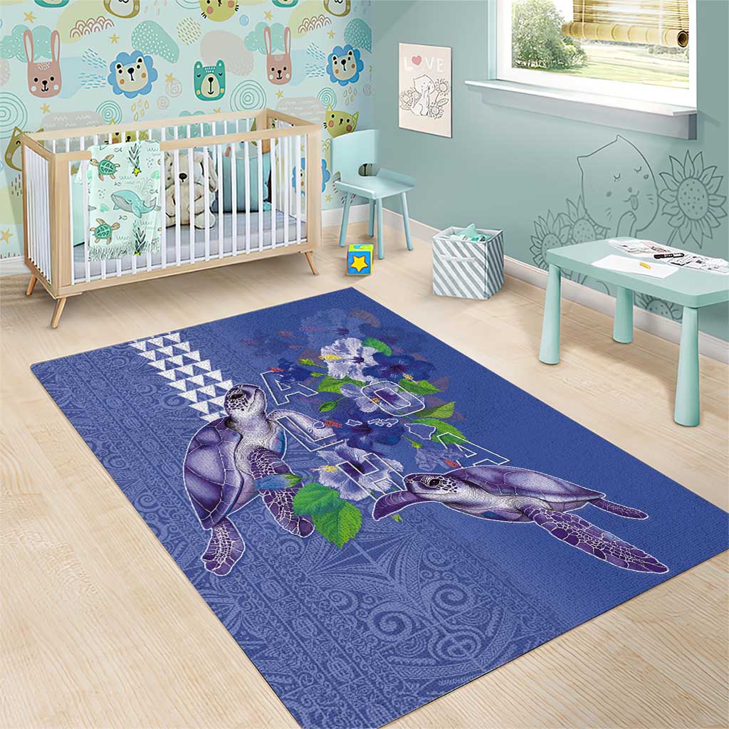 Hawaii Aloha Turtle Hibiscus and Leaves Area Rug with Polynesian and Kakau Tattoos Denim Color LT03 - Polynesian Pride
