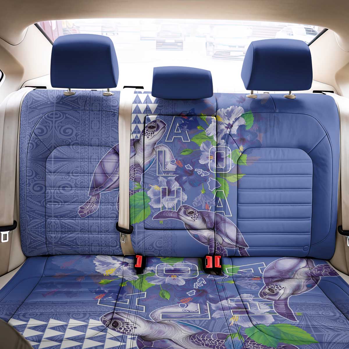 Hawaii Aloha Turtle Hibiscus and Leaves Back Car Seat Cover with Polynesian and Kakau Tattoos Denim Color LT03 - Polynesian Pride
