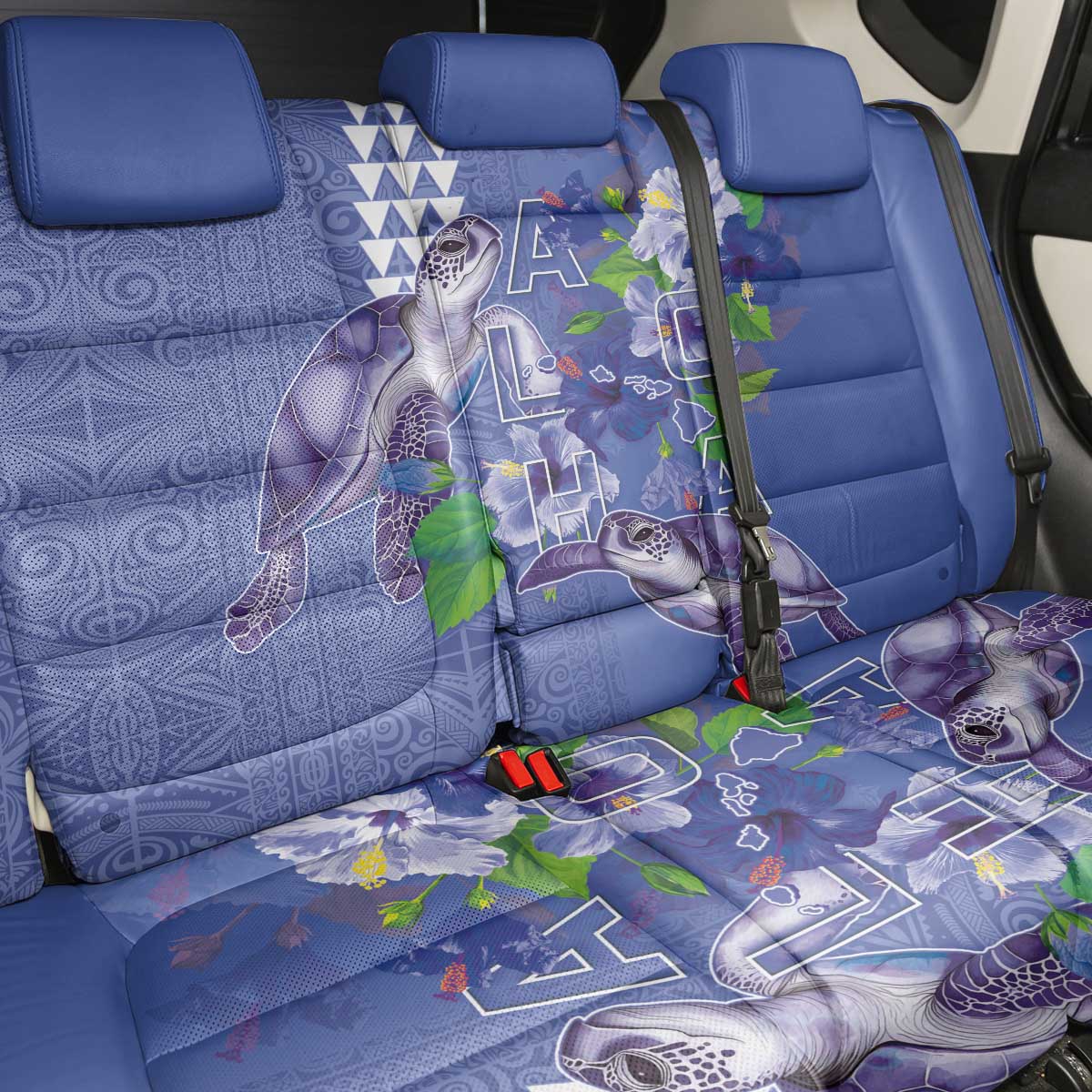 Hawaii Aloha Turtle Hibiscus and Leaves Back Car Seat Cover with Polynesian and Kakau Tattoos Denim Color LT03 - Polynesian Pride