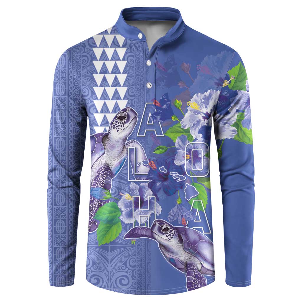 Hawaii Aloha Turtle Hibiscus and Leaves Button Sweatshirt with Polynesian and Kakau Tattoos Denim Color LT03 Blue - Polynesian Pride