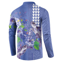 Hawaii Aloha Turtle Hibiscus and Leaves Button Sweatshirt with Polynesian and Kakau Tattoos Denim Color - Polynesian Pride
