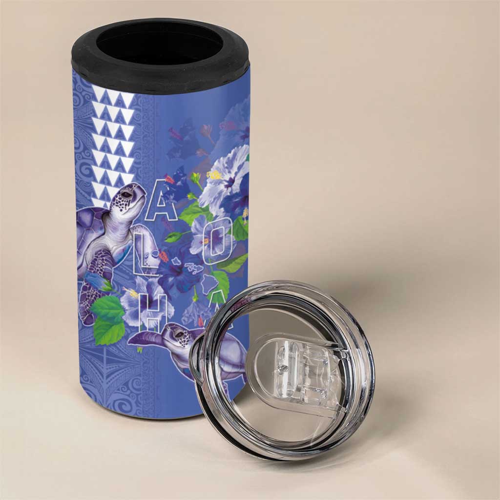 Hawaii Aloha Turtle Hibiscus and Leaves 4 in 1 Can Cooler Tumbler with Polynesian and Kakau Tattoos Denim Color LT03 - Polynesian Pride