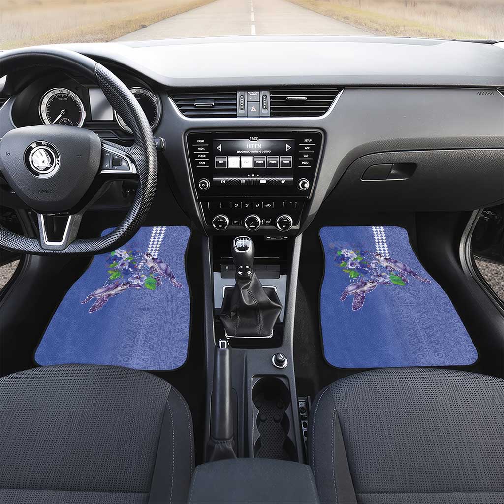 Hawaii Aloha Turtle Hibiscus and Leaves Car Mats with Polynesian and Kakau Tattoos Denim Color LT03 Set 2pcs - Front Blue - Polynesian Pride