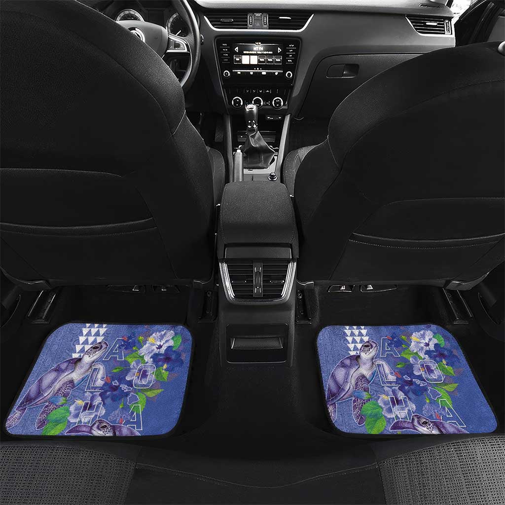 Hawaii Aloha Turtle Hibiscus and Leaves Car Mats with Polynesian and Kakau Tattoos Denim Color LT03 Set 2pcs - Back Blue - Polynesian Pride