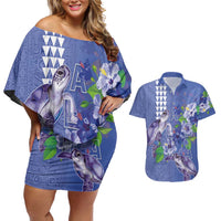 Hawaii Aloha Turtle Hibiscus and Leaves Couples Matching Off Shoulder Short Dress and Hawaiian Shirt with Polynesian and Kakau Tattoos Denim Color - Polynesian Pride