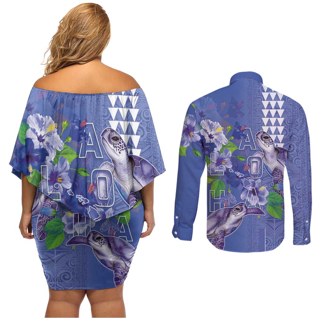Hawaii Aloha Turtle Hibiscus and Leaves Couples Matching Off Shoulder Short Dress and Long Sleeve Button Shirt with Polynesian and Kakau Tattoos Denim Color - Polynesian Pride