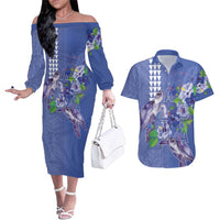 Hawaii Aloha Turtle Hibiscus and Leaves Couples Matching Off The Shoulder Long Sleeve Dress and Hawaiian Shirt with Polynesian and Kakau Tattoos Denim Color - Polynesian Pride