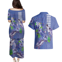 Hawaii Aloha Turtle Hibiscus and Leaves Couples Matching Puletasi and Hawaiian Shirt with Polynesian and Kakau Tattoos Denim Color LT03 - Polynesian Pride