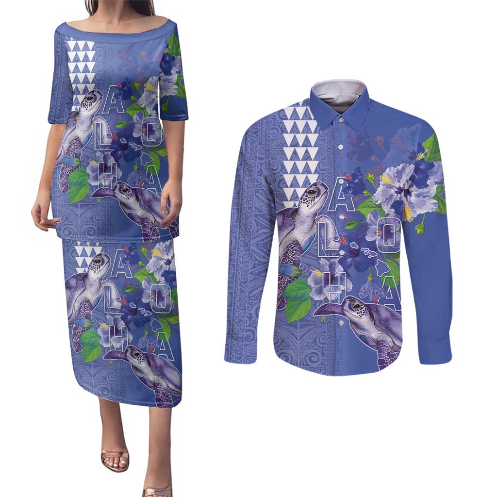 Hawaii Aloha Turtle Hibiscus and Leaves Couples Matching Puletasi and Long Sleeve Button Shirt with Polynesian and Kakau Tattoos Denim Color LT03 Blue - Polynesian Pride