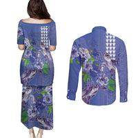 Hawaii Aloha Turtle Hibiscus and Leaves Couples Matching Puletasi and Long Sleeve Button Shirt with Polynesian and Kakau Tattoos Denim Color LT03 - Polynesian Pride