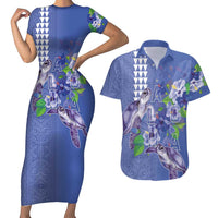 Hawaii Aloha Turtle Hibiscus and Leaves Couples Matching Short Sleeve Bodycon Dress and Hawaiian Shirt with Polynesian and Kakau Tattoos Denim Color - Polynesian Pride