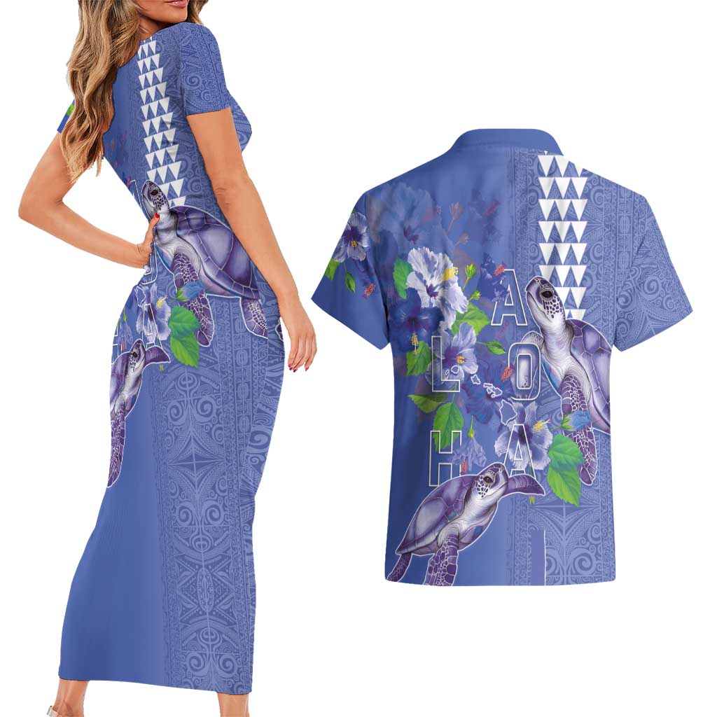 Hawaii Aloha Turtle Hibiscus and Leaves Couples Matching Short Sleeve Bodycon Dress and Hawaiian Shirt with Polynesian and Kakau Tattoos Denim Color - Polynesian Pride