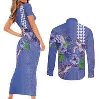 Hawaii Aloha Turtle Hibiscus and Leaves Couples Matching Short Sleeve Bodycon Dress and Long Sleeve Button Shirt with Polynesian and Kakau Tattoos Denim Color - Polynesian Pride
