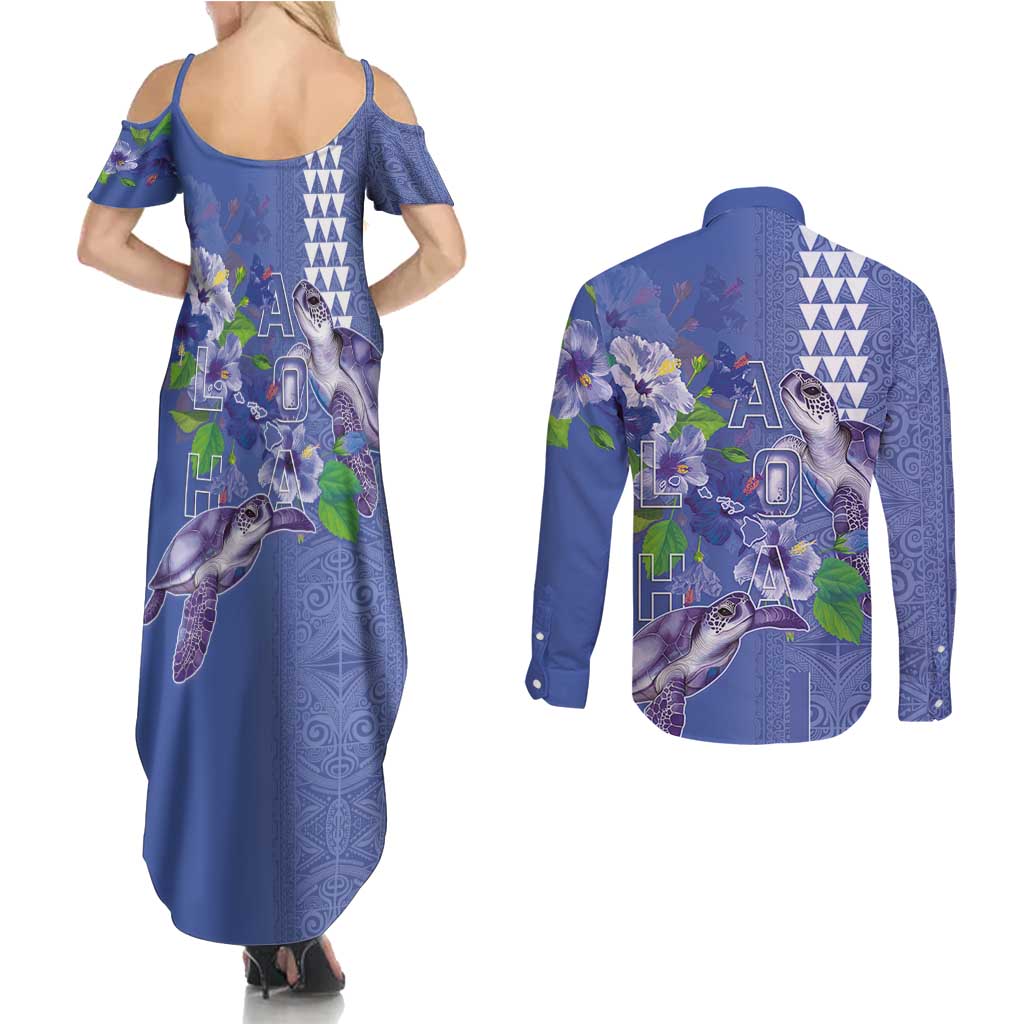 Hawaii Aloha Turtle Hibiscus and Leaves Couples Matching Summer Maxi Dress and Long Sleeve Button Shirt with Polynesian and Kakau Tattoos Denim Color - Polynesian Pride