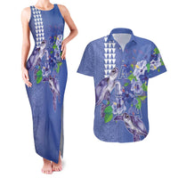 Hawaii Aloha Turtle Hibiscus and Leaves Couples Matching Tank Maxi Dress and Hawaiian Shirt with Polynesian and Kakau Tattoos Denim Color - Polynesian Pride