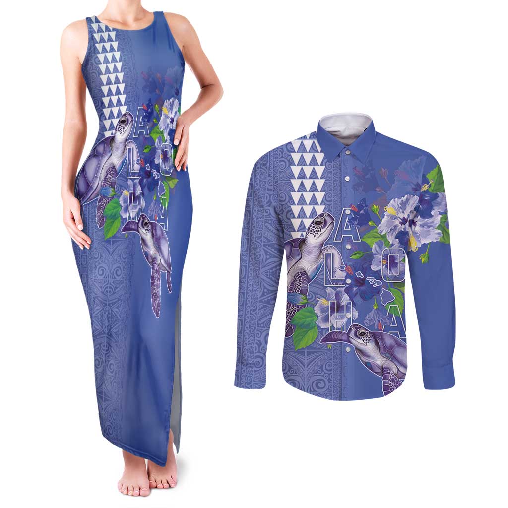 Hawaii Aloha Turtle Hibiscus and Leaves Couples Matching Tank Maxi Dress and Long Sleeve Button Shirt with Polynesian and Kakau Tattoos Denim Color - Polynesian Pride